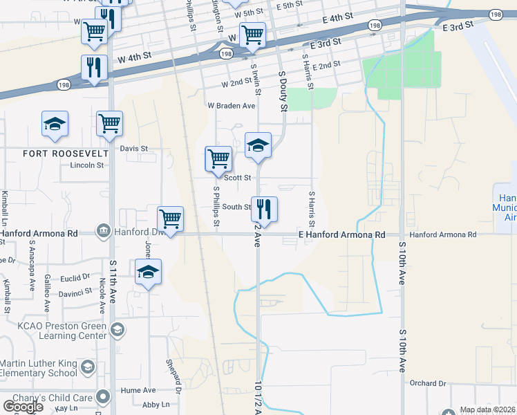 map of restaurants, bars, coffee shops, grocery stores, and more near South Street in Hanford