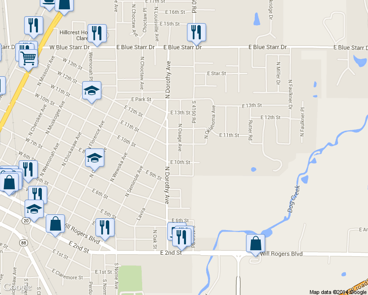 map of restaurants, bars, coffee shops, grocery stores, and more near 701 East 11th Street in Claremore