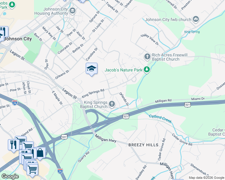 map of restaurants, bars, coffee shops, grocery stores, and more near 1102 King Springs Road in Johnson City