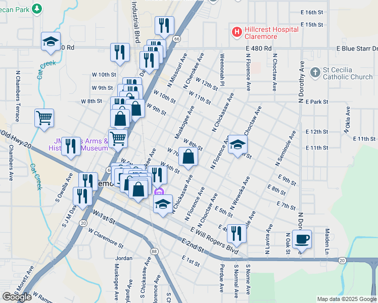 map of restaurants, bars, coffee shops, grocery stores, and more near 510 North Weenonah Avenue in Claremore