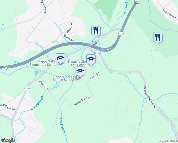 map of restaurants, bars, coffee shops, grocery stores, and more near 121 Warpath Lane in Elizabethton