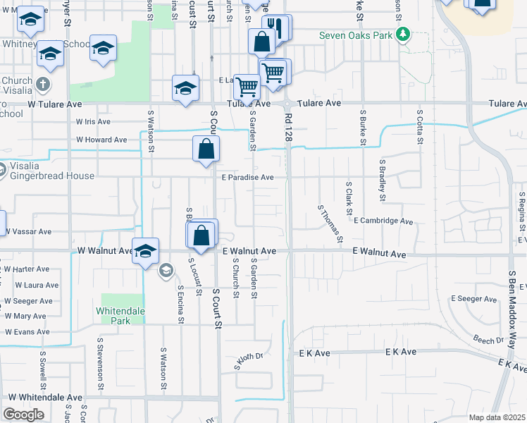 map of restaurants, bars, coffee shops, grocery stores, and more near 1734 South Garden Street in Visalia