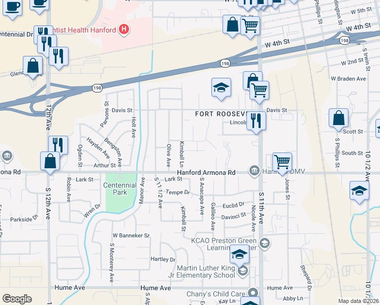 map of restaurants, bars, coffee shops, grocery stores, and more near 857 Kimball Lane in Hanford
