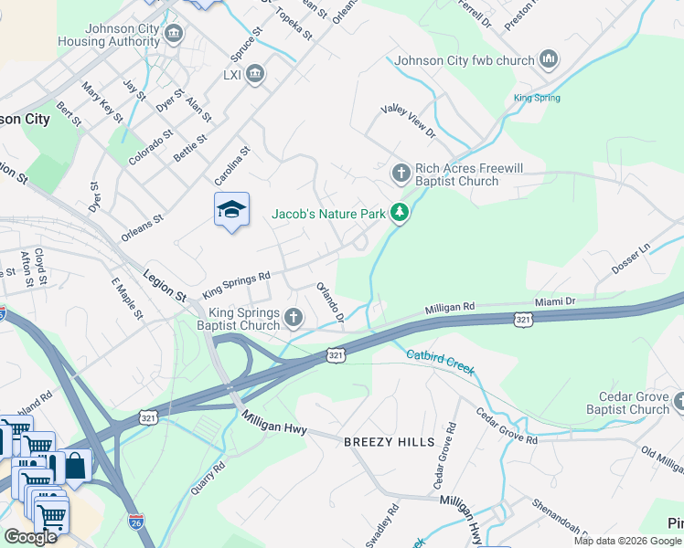 map of restaurants, bars, coffee shops, grocery stores, and more near 1605 Tampa Court in Johnson City