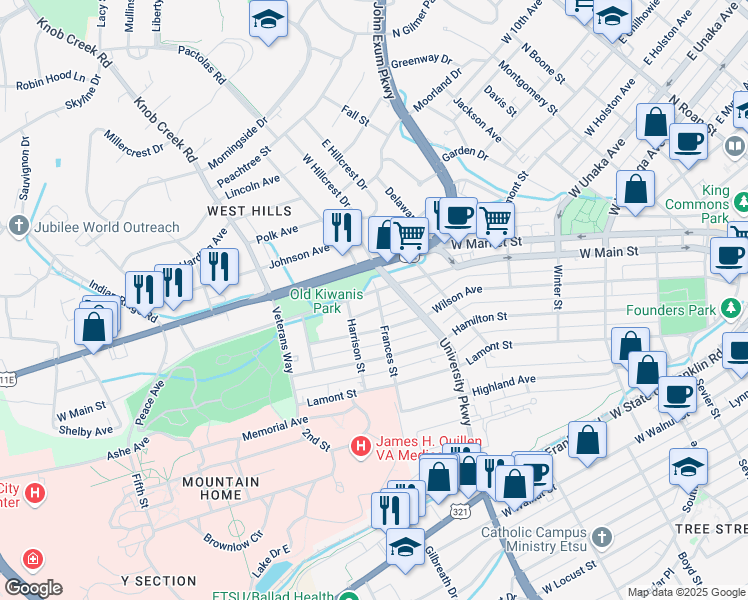 map of restaurants, bars, coffee shops, grocery stores, and more near 717 West Main Street in Johnson City