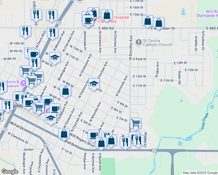 map of restaurants, bars, coffee shops, grocery stores, and more near 401 West 10th Street in Claremore