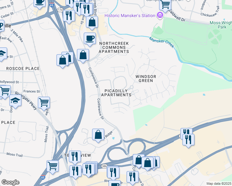 map of restaurants, bars, coffee shops, grocery stores, and more near 500 Windsor Green Boulevard in Goodlettsville