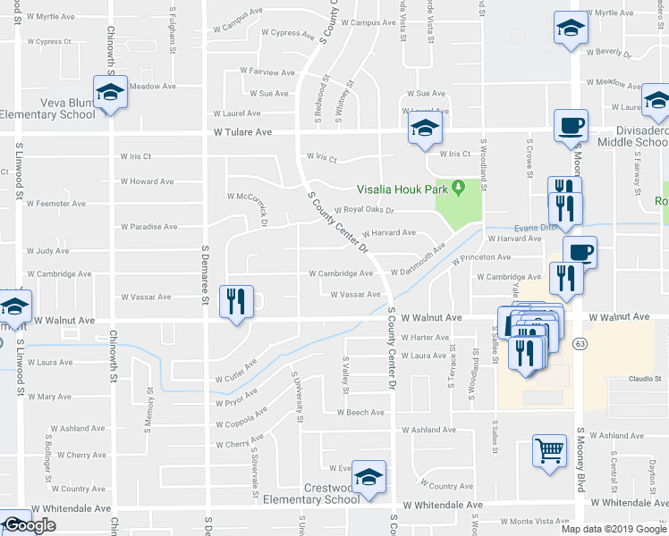 map of restaurants, bars, coffee shops, grocery stores, and more near 3124 West Cambridge Avenue in Visalia