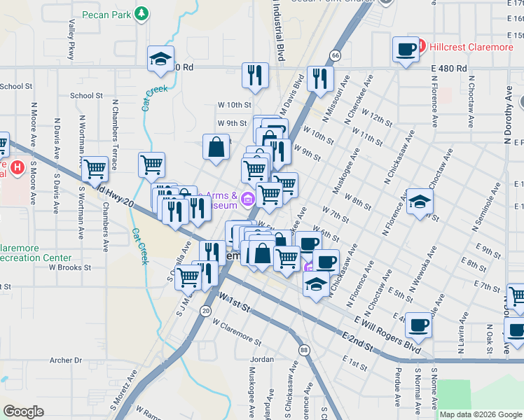 map of restaurants, bars, coffee shops, grocery stores, and more near 332 North Lynn Riggs Boulevard in Claremore