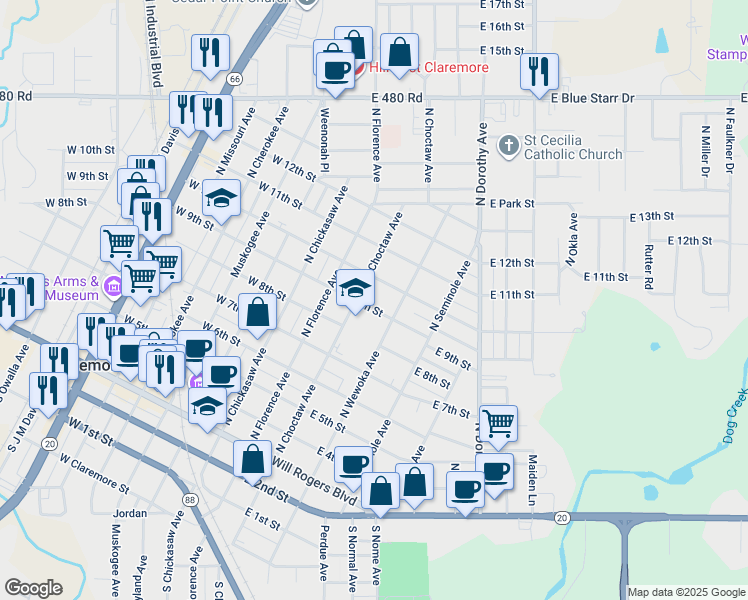 map of restaurants, bars, coffee shops, grocery stores, and more near 310 East 9th Street in Claremore