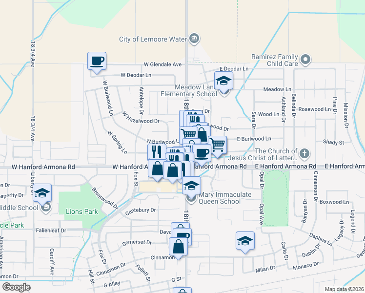 map of restaurants, bars, coffee shops, grocery stores, and more near 17 West Spring Lane in Lemoore