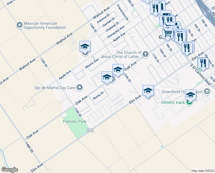 map of restaurants, bars, coffee shops, grocery stores, and more near 1239 Oak Avenue in Greenfield