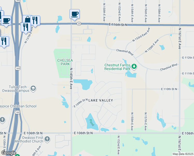 map of restaurants, bars, coffee shops, grocery stores, and more near 11059 North 148th East Avenue in Owasso