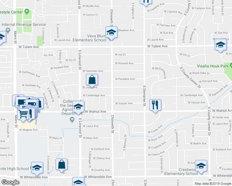 map of restaurants, bars, coffee shops, grocery stores, and more near 4032 West Cambridge Avenue in Visalia
