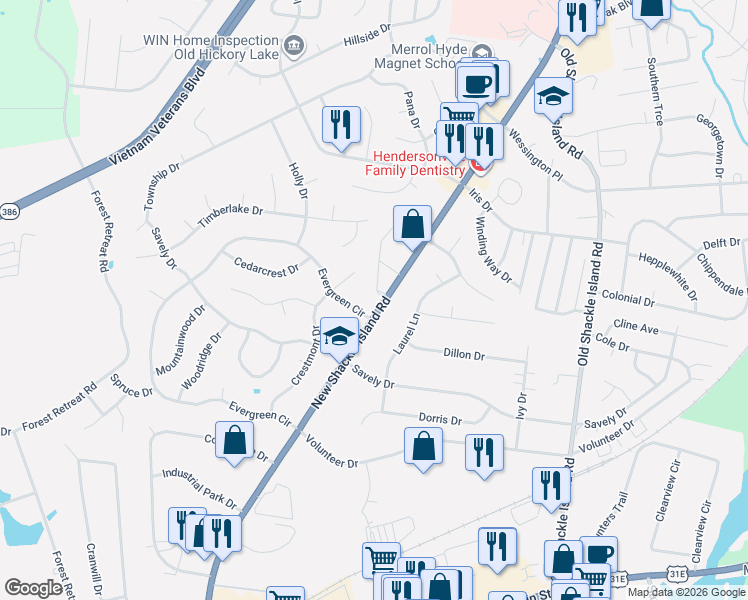map of restaurants, bars, coffee shops, grocery stores, and more near 257 New Shackle Island Road in Hendersonville