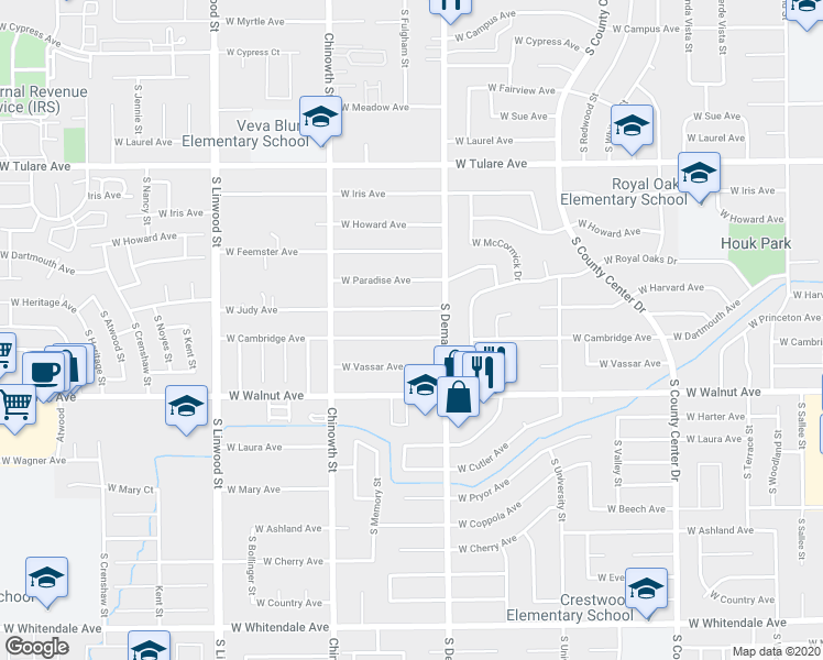 map of restaurants, bars, coffee shops, grocery stores, and more near 3806 West Cambridge Avenue in Visalia
