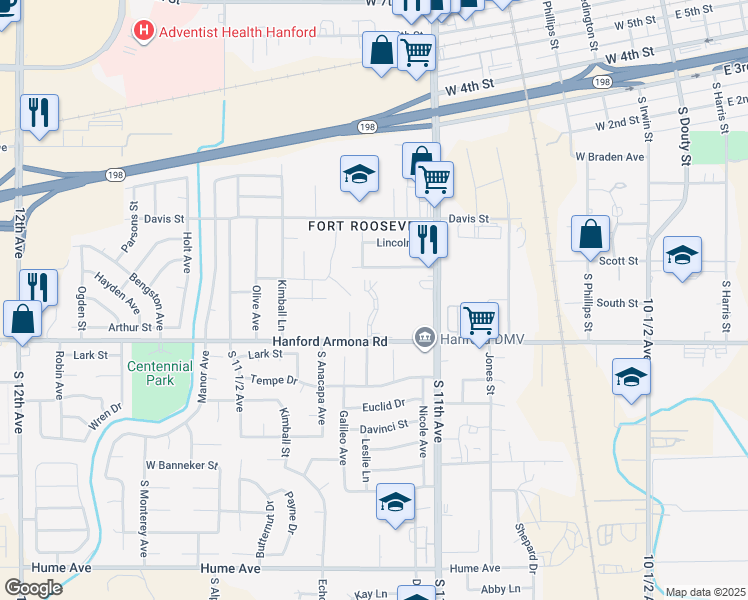 map of restaurants, bars, coffee shops, grocery stores, and more near 918 Leslie Lane in Hanford