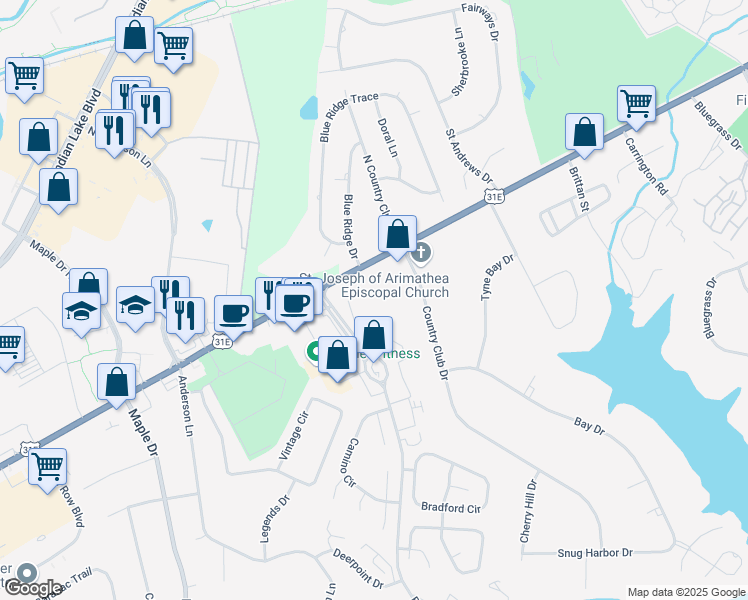 map of restaurants, bars, coffee shops, grocery stores, and more near 104 Windsor Park Lane in Hendersonville