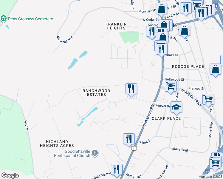map of restaurants, bars, coffee shops, grocery stores, and more near 307 Shevel Drive in Goodlettsville