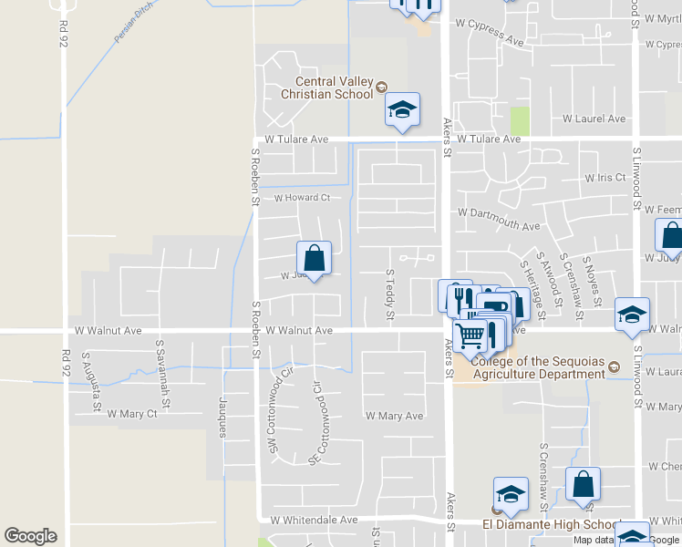 map of restaurants, bars, coffee shops, grocery stores, and more near 5700 West Judy Court in Visalia