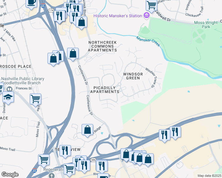map of restaurants, bars, coffee shops, grocery stores, and more near 830 Windsor Green Boulevard in Goodlettsville