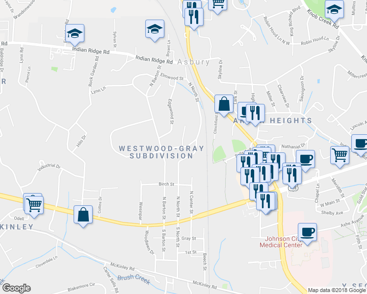 map of restaurants, bars, coffee shops, grocery stores, and more near 2507 Clover Street in Johnson City