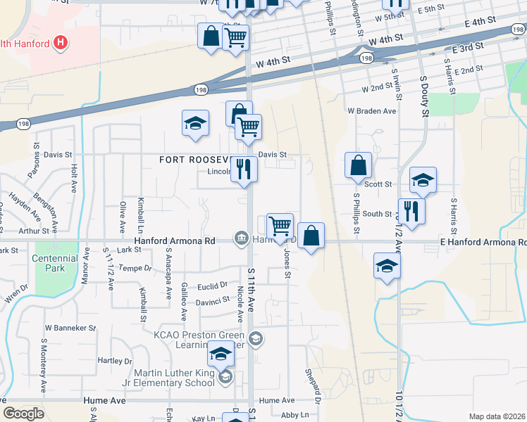 map of restaurants, bars, coffee shops, grocery stores, and more near 901 South 11th Avenue in Hanford
