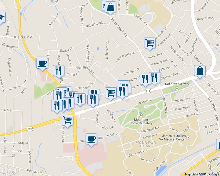 map of restaurants, bars, coffee shops, grocery stores, and more near 1229 Indian Ridge Road in Johnson City