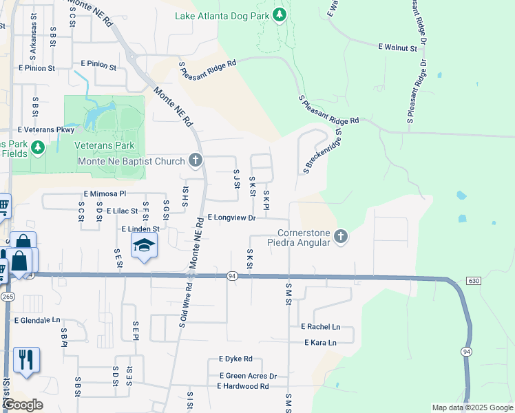 map of restaurants, bars, coffee shops, grocery stores, and more near 1717 South K Street in Rogers