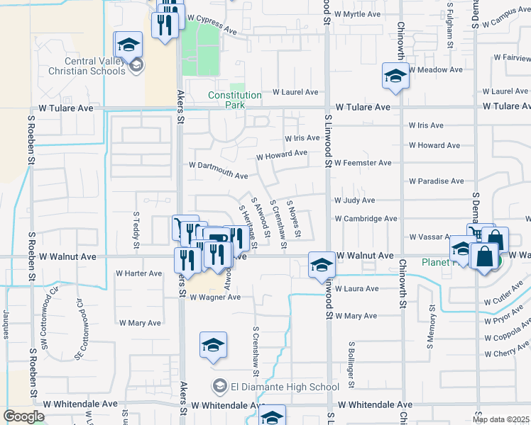 map of restaurants, bars, coffee shops, grocery stores, and more near 1740 South Atwood Street in Visalia
