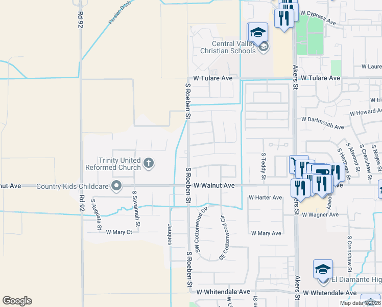 map of restaurants, bars, coffee shops, grocery stores, and more near 6028 West Judy Court in Visalia