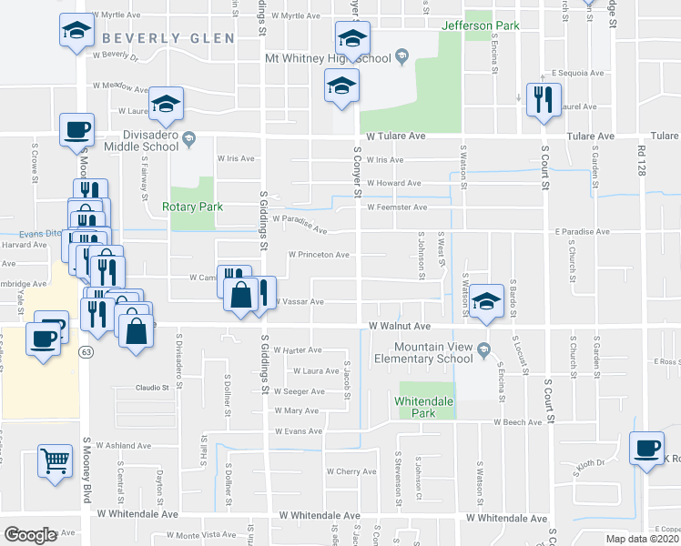 map of restaurants, bars, coffee shops, grocery stores, and more near 938 West Cambridge Avenue in Visalia