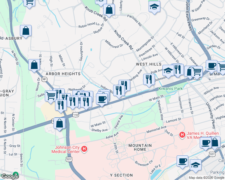 map of restaurants, bars, coffee shops, grocery stores, and more near 1027 Harding Avenue in Johnson City