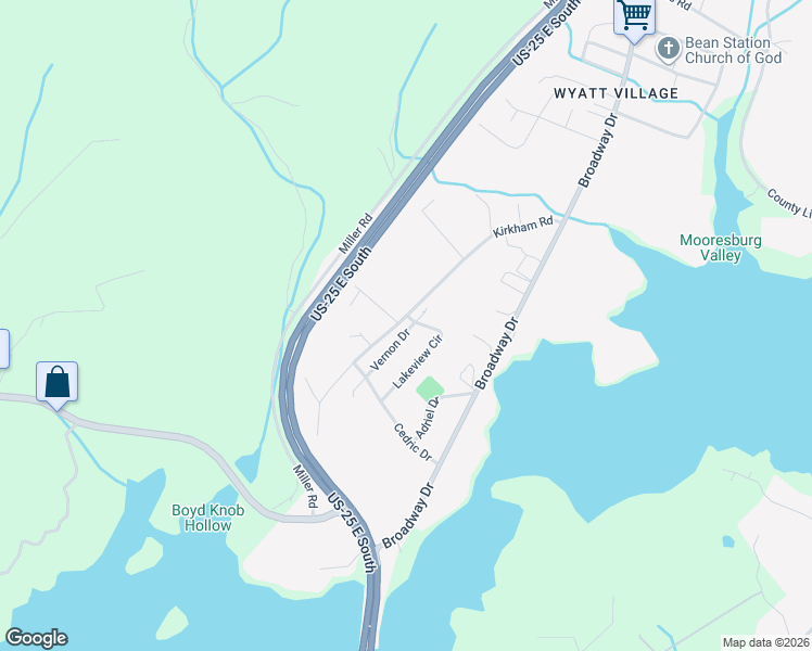 map of restaurants, bars, coffee shops, grocery stores, and more near 463 Kirkham Road in Bean Station