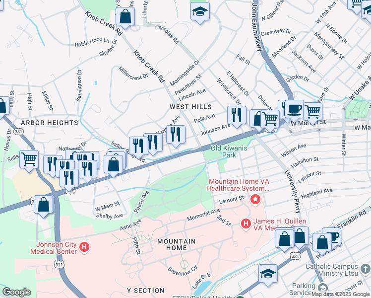 map of restaurants, bars, coffee shops, grocery stores, and more near 912 U.S. 11E in Johnson City