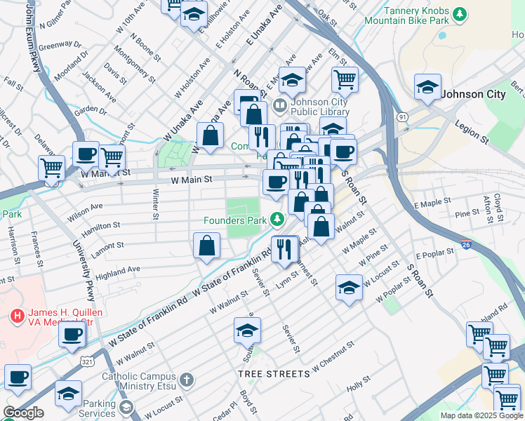 map of restaurants, bars, coffee shops, grocery stores, and more near 200 South Boone Street in Johnson City