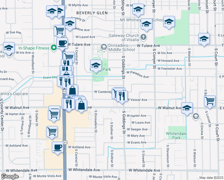 map of restaurants, bars, coffee shops, grocery stores, and more near 1430 West Cambridge Avenue in Visalia