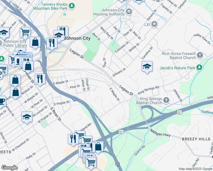 map of restaurants, bars, coffee shops, grocery stores, and more near 636 East Maple Street in Johnson City