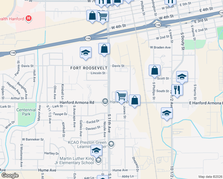 map of restaurants, bars, coffee shops, grocery stores, and more near 901 South 11th Avenue in Hanford