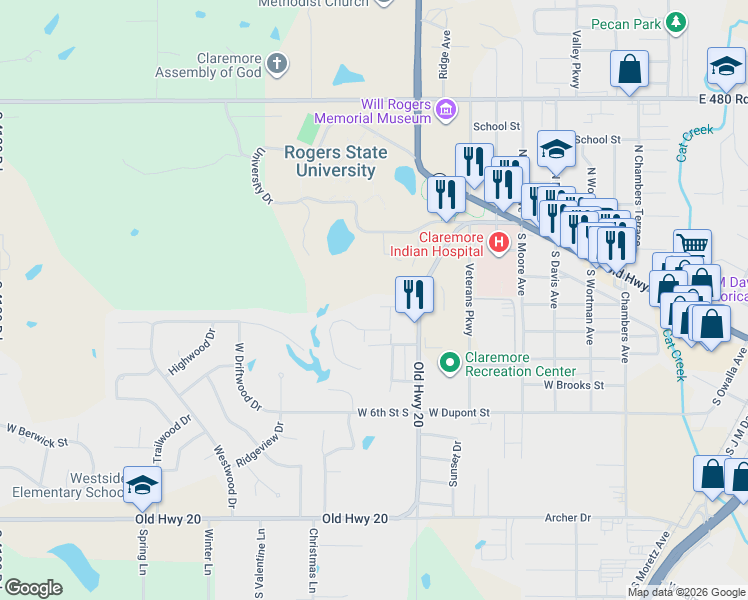 map of restaurants, bars, coffee shops, grocery stores, and more near 1906 West 4th Street South in Claremore