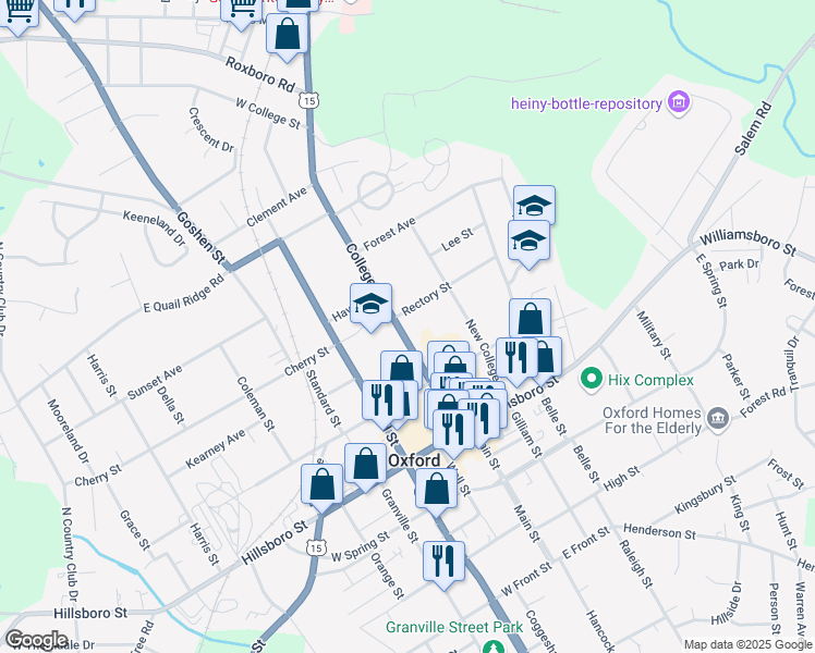 map of restaurants, bars, coffee shops, grocery stores, and more near 224 College Street in Oxford