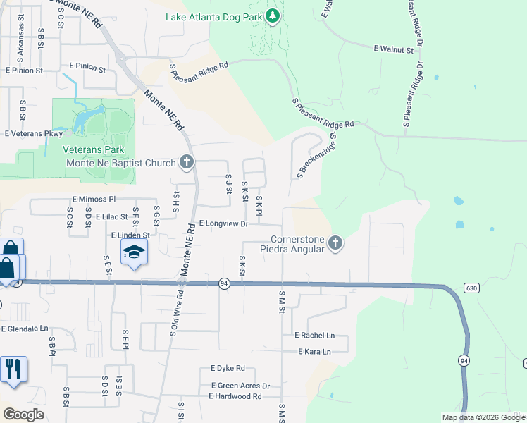 map of restaurants, bars, coffee shops, grocery stores, and more near 1717 South K Place in Rogers