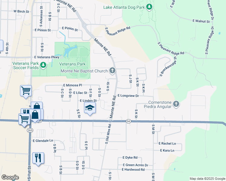 map of restaurants, bars, coffee shops, grocery stores, and more near 1710 Monte NE Rd in Rogers
