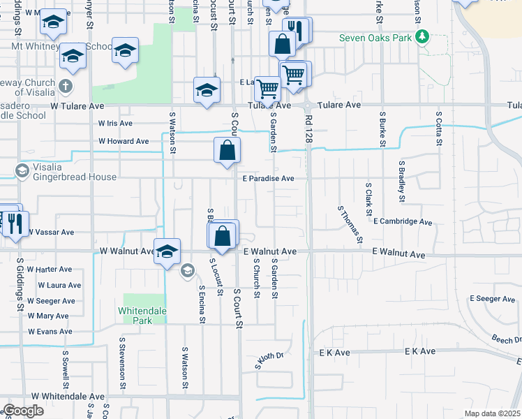 map of restaurants, bars, coffee shops, grocery stores, and more near 1738 South Church Street in Visalia