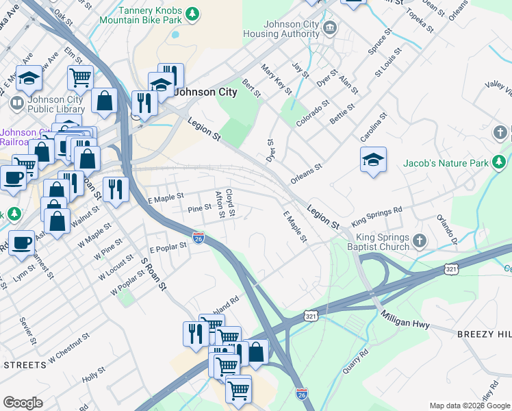 map of restaurants, bars, coffee shops, grocery stores, and more near 623 East Pine Street in Johnson City