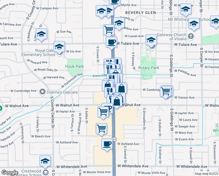 map of restaurants, bars, coffee shops, grocery stores, and more near 1809 South Mooney Boulevard in Visalia