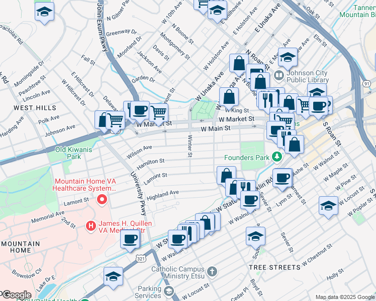 map of restaurants, bars, coffee shops, grocery stores, and more near 304 Winter Street in Johnson City