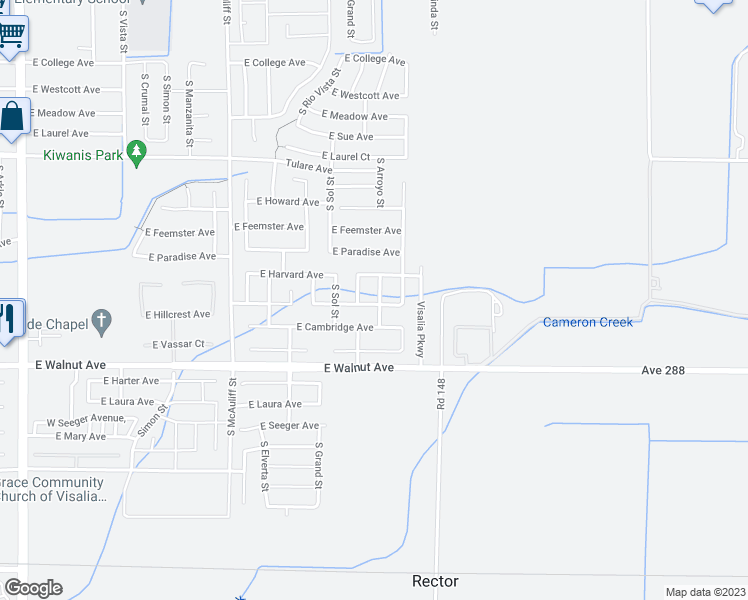 map of restaurants, bars, coffee shops, grocery stores, and more near 1753 South Arroyo Street in Visalia