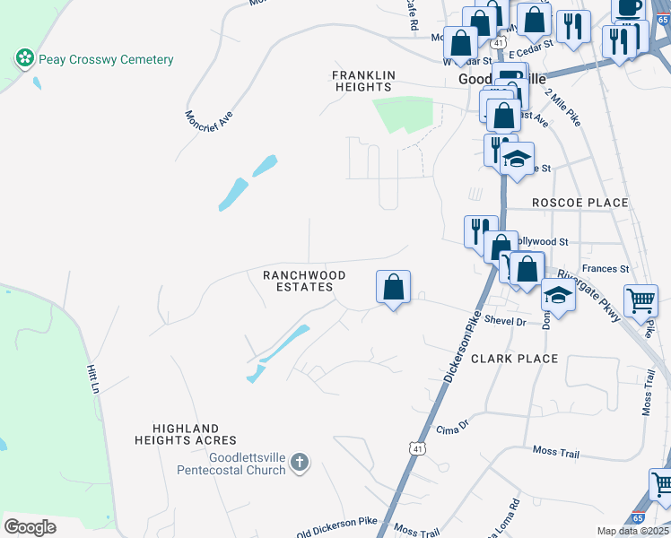 map of restaurants, bars, coffee shops, grocery stores, and more near 307 Shevel Drive in Goodlettsville