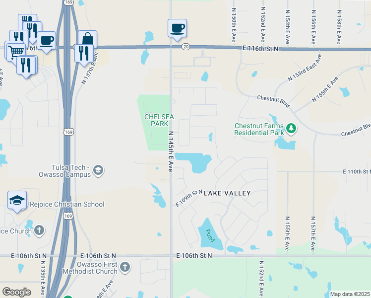 map of restaurants, bars, coffee shops, grocery stores, and more near 14510 East 111th Place North in Owasso